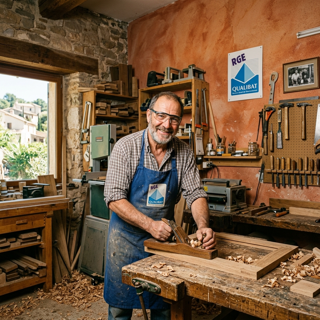 Artisan menuisier varois montrant son label RGE Qualibat dans son atelier