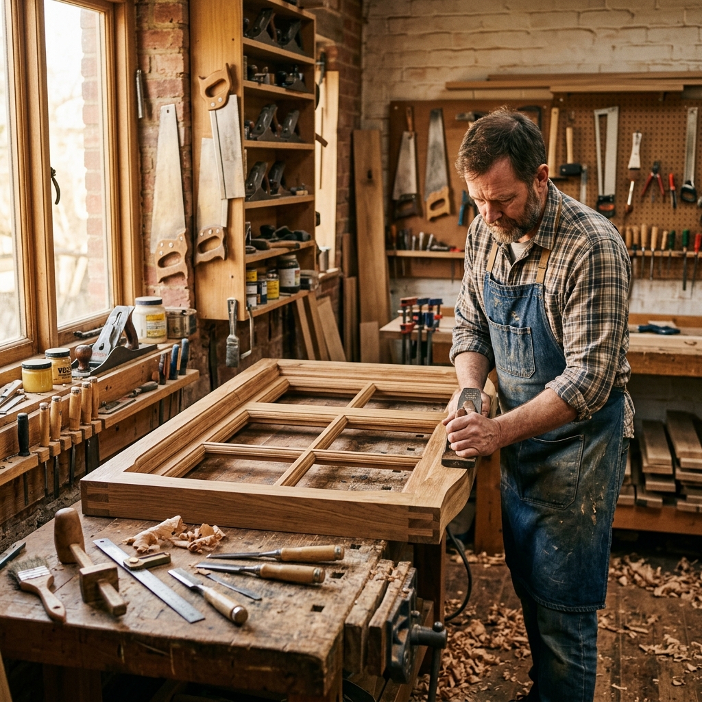 Fenêtre traditionnelle en chêne massif dans un atelier de menuiserie provençal