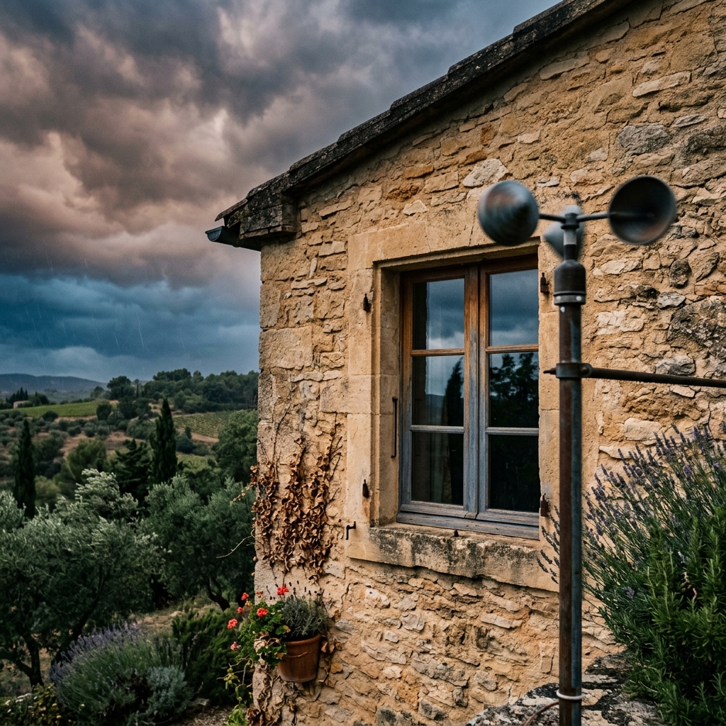 Anémomètre de mesure de vent à côté d'une fenêtre de mas en Provence