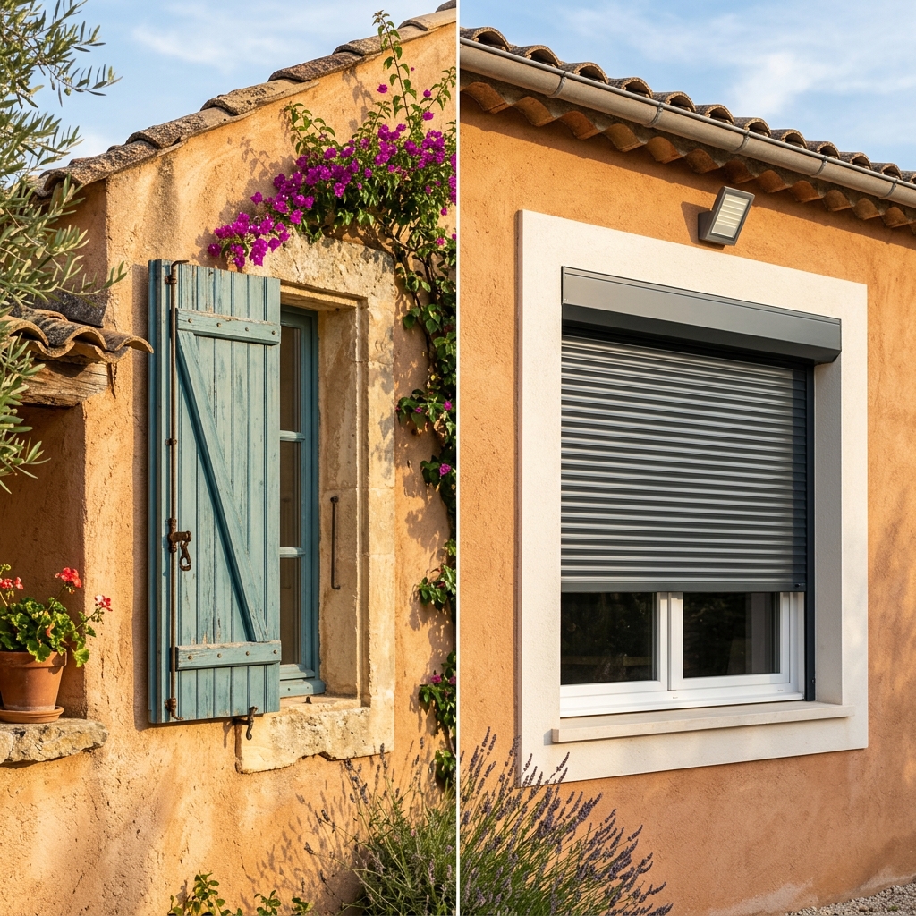 Comparatif esthétique entre volets battants bois provençaux et volets roulants alu