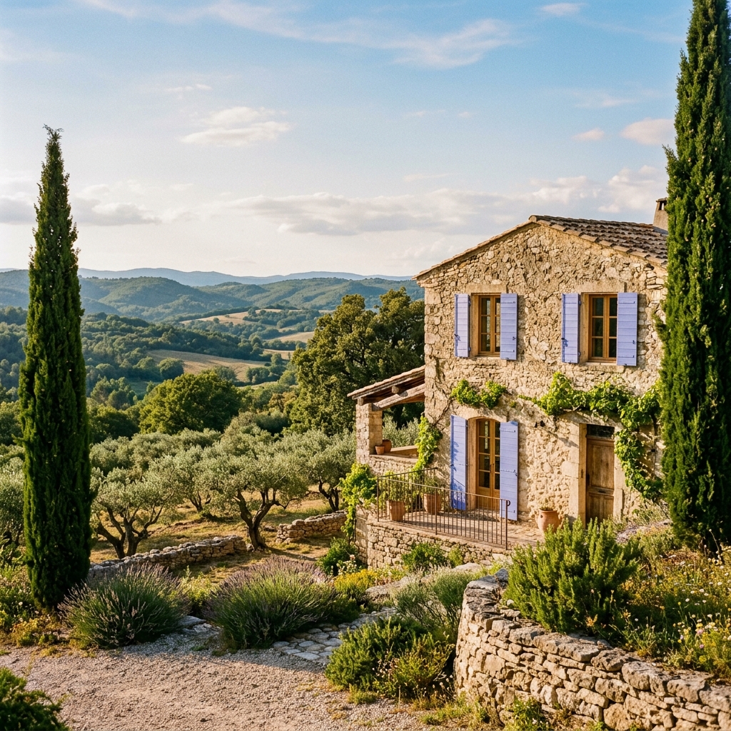 Authentic Provençal mas stone house with new oak wood windows and lavender blue shutters, cypress trees, olive grove, Var countryside hills, warm golden afternoon light